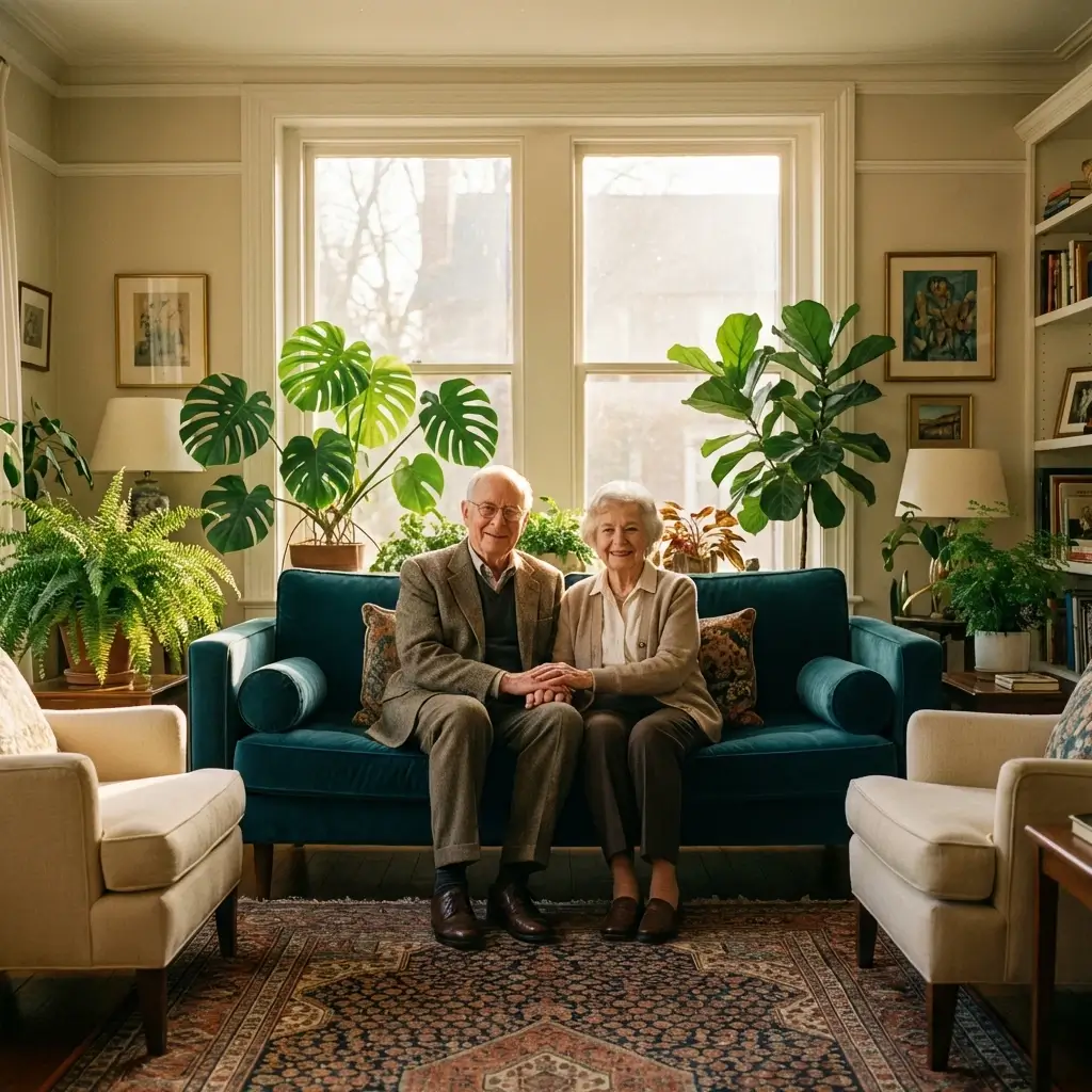 Casal de idosos sorrindo em ambiente acolhedor e ensolarado